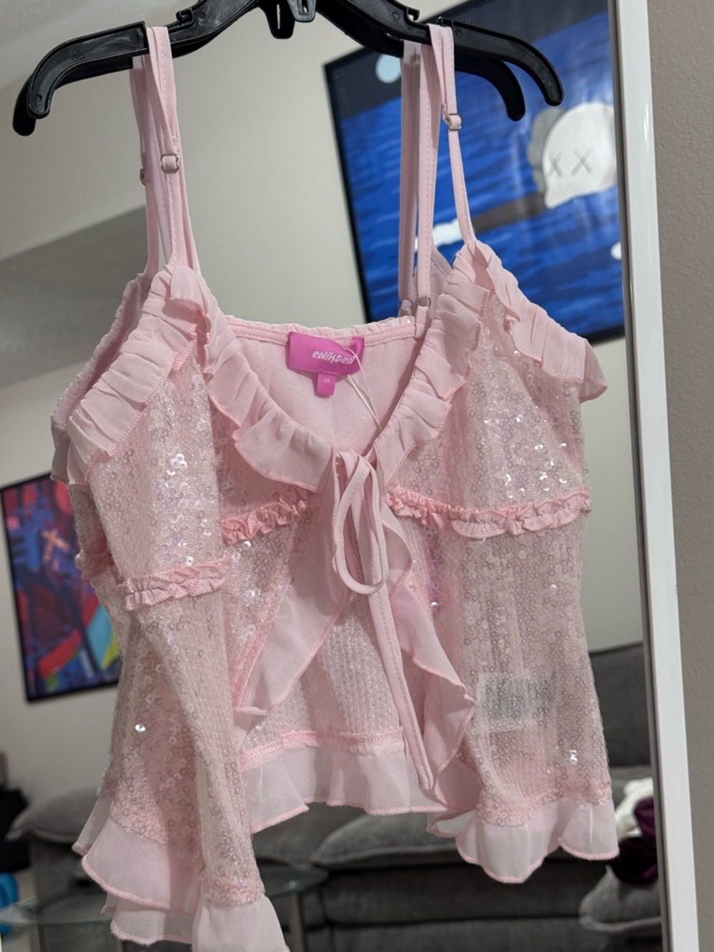 Edikted Pink Sequin Ruffle Tie Front Top XS BNWT